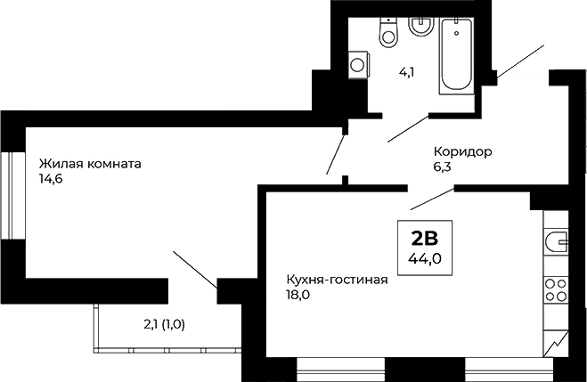 Планировка — Veer Park, 1-комн., 43 м²