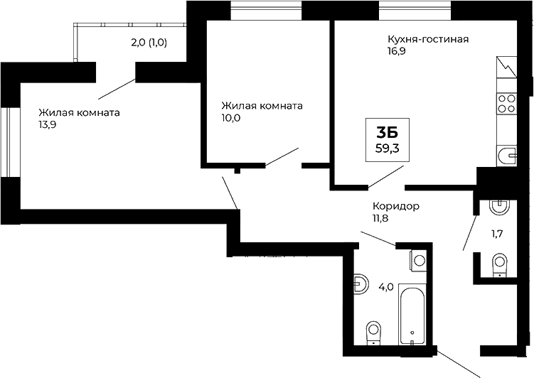 Планировка — Veer Park, 2-комн., 58 м²