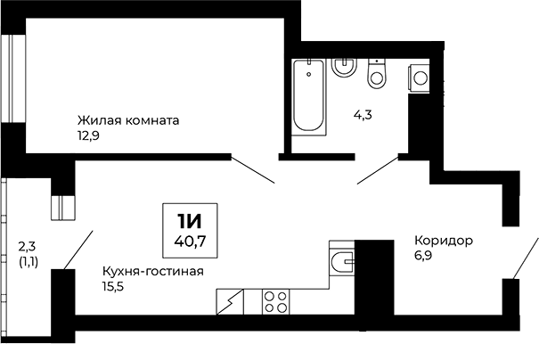 Планировка — Veer Park, 1-комн., 40 м²