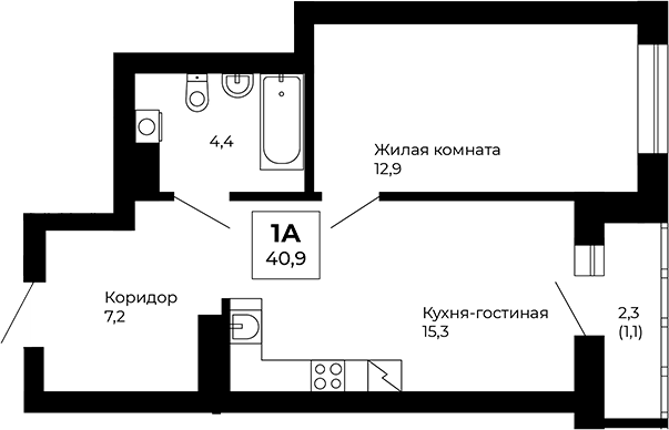 Планировка — Veer Park, 1-комн., 40 м²