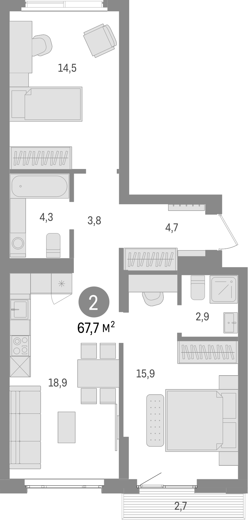 Планировка — Траектория, 2-комн., 65 м²