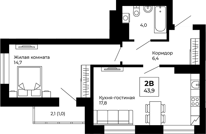 Планировка — Veer Park, 1-комн., 43 м²
