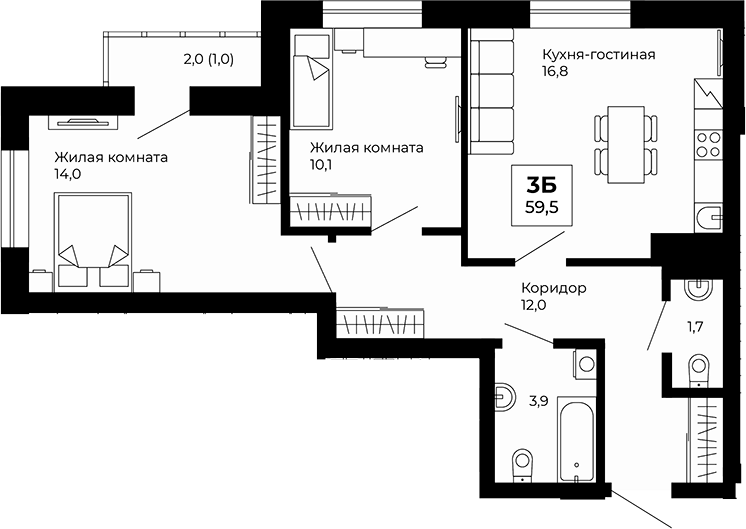 Планировка — Veer Park, 2-комн., 59 м²