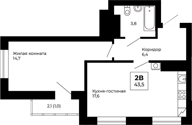 Планировка — Veer Park, 1-комн., 43 м²