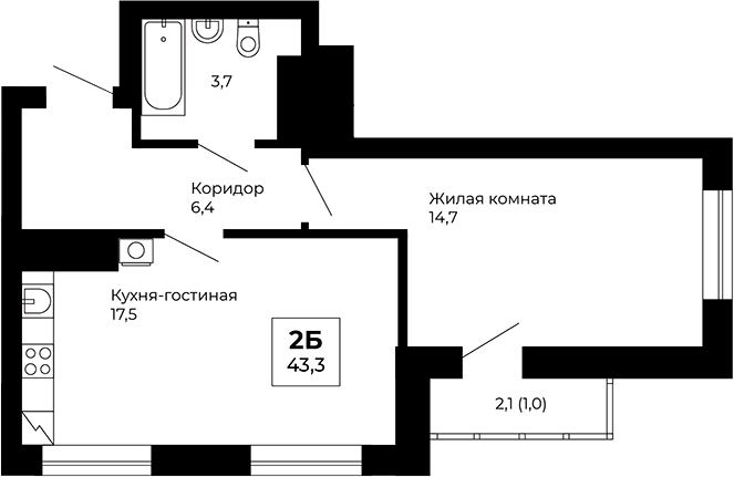 Планировка — Veer Park, 1-комн., 42 м²