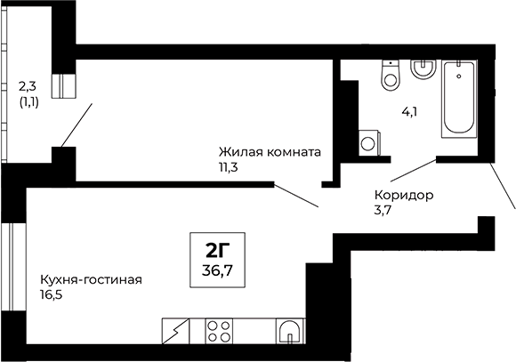 Планировка — Veer Park, 1-комн., 36 м²