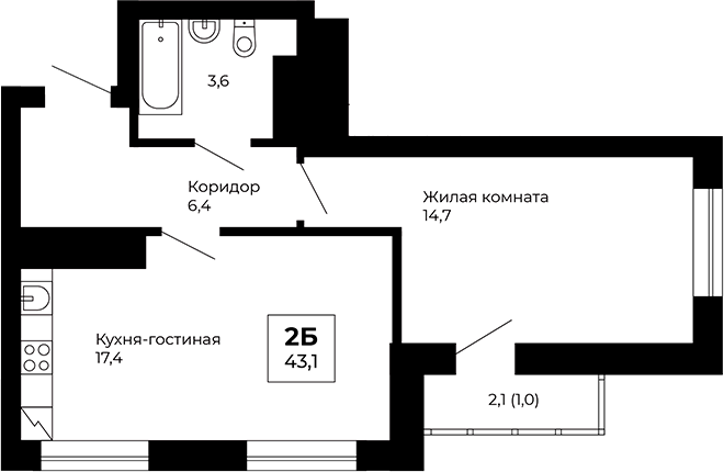 Планировка — Veer Park, 1-комн., 42 м²