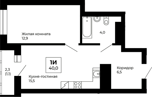 Планировка — Veer Park, 1-комн., 39 м²