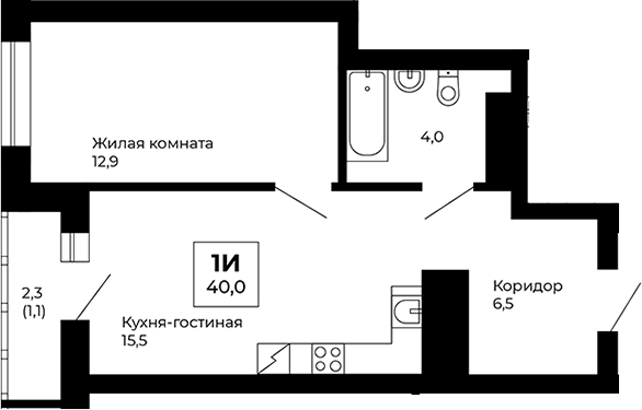 Планировка — Veer Park, 1-комн., 39 м²