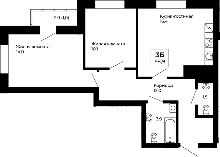 Планировка — Veer Park, 2-комн., 58 м²