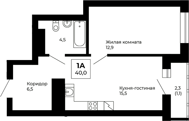 Планировка — Veer Park, 1-комн., 39 м²
