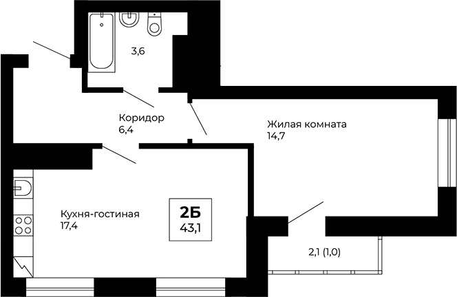 Планировка — Veer Park, 1-комн., 42 м²