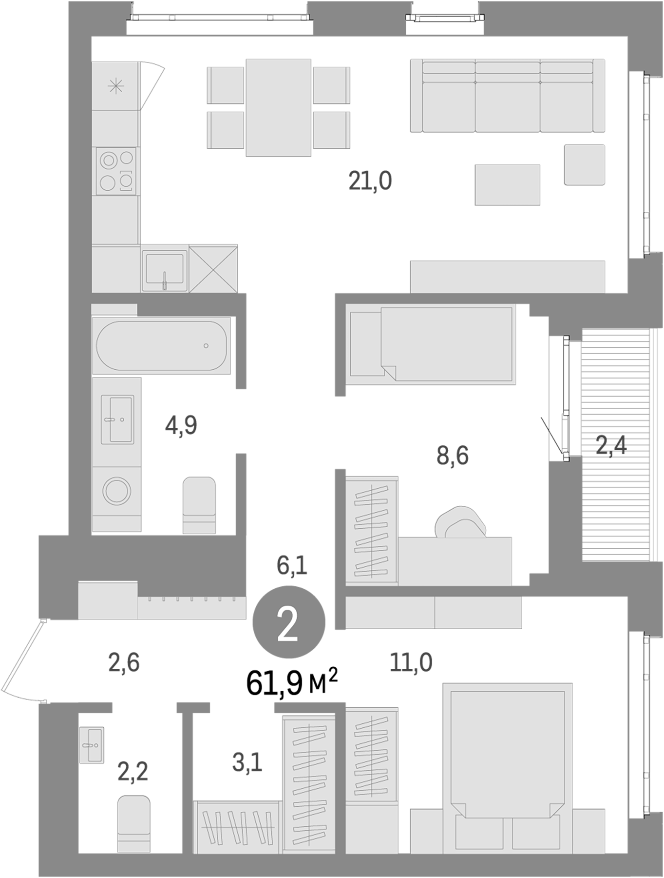 Планировка — Траектория, 2-комн., 60 м²