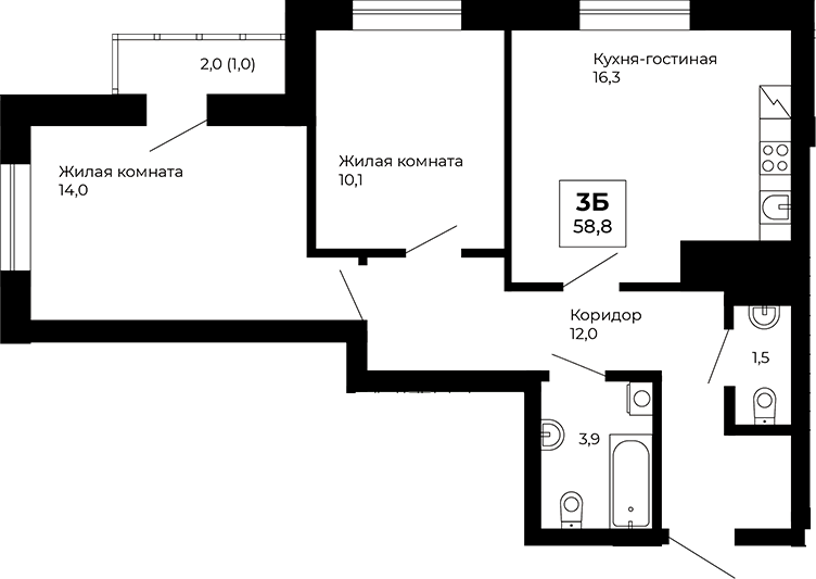 Планировка — Veer Park, 2-комн., 58 м²
