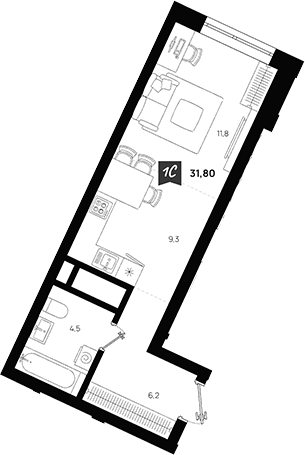 Планировка — Азбука на Титова, Студия, 32 м²