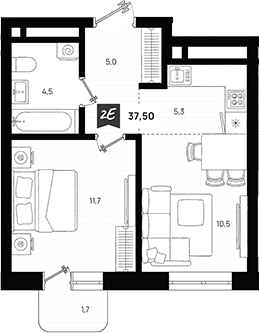 Планировка — Азбука на Титова, 2-комн., 37 м²