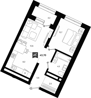 Планировка — Азбука на Титова, 2-комн., 42 м²