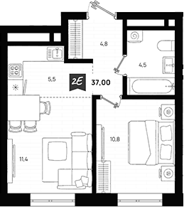 Планировка — Азбука на Титова, 2-комн., 37 м²