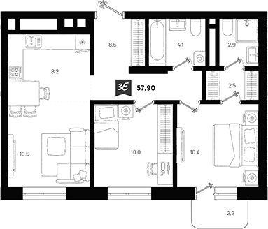 Планировка — Азбука на Титова, 3-комн., 57 м²