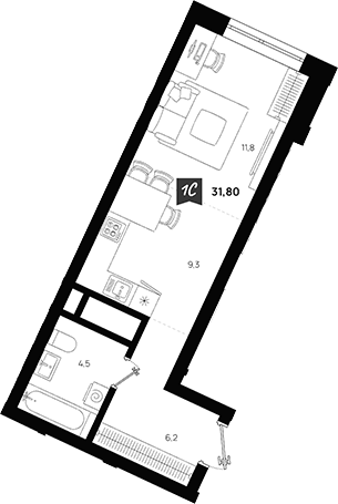 Планировка — Азбука на Титова, Студия, 32 м²