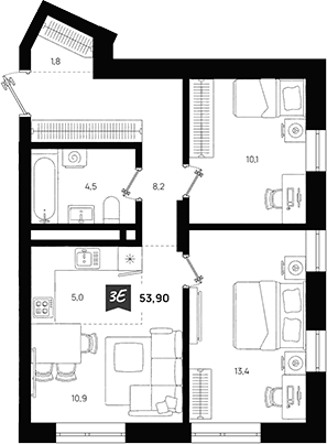 Планировка — Азбука на Титова, 3-комн., 54 м²