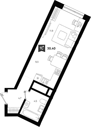 Планировка — Азбука на Титова, Студия, 30 м²