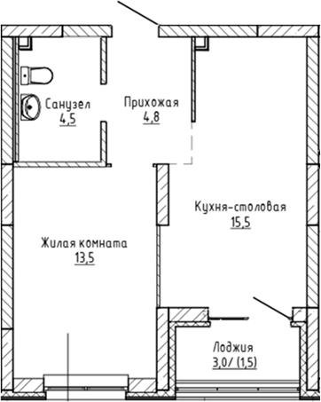 Планировка — Да на Амундсена, 1-комн., 38 м²