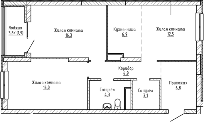 Планировка — Да на Амундсена, 2-комн., 71 м²