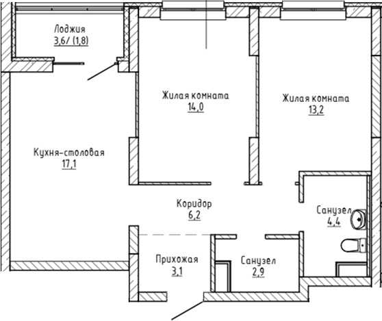 Планировка — Да на Амундсена, 2-комн., 61 м²