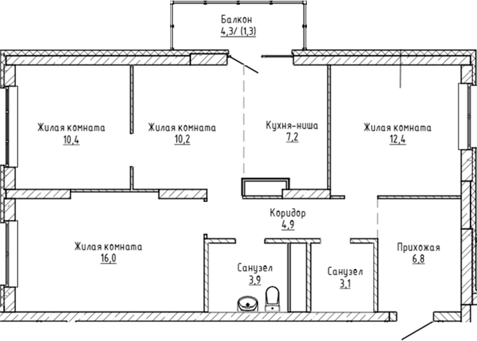 Планировка — Да на Амундсена, 3-комн., 75 м²
