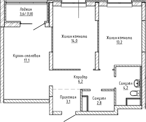 Планировка — Да на Амундсена, 2-комн., 61 м²