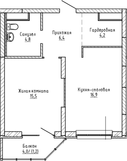 Планировка — Да на Амундсена, 1-комн., 48 м²