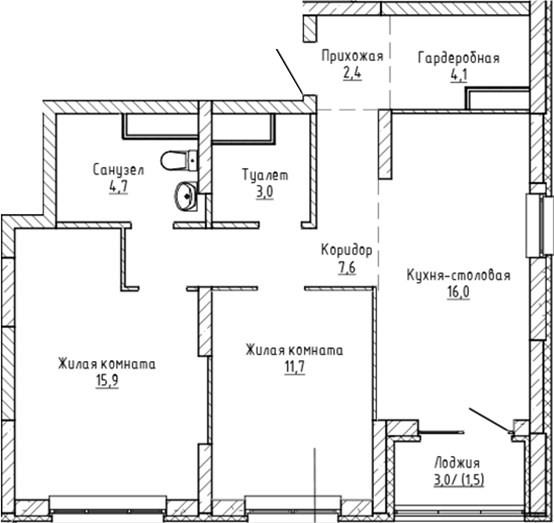 Планировка — Да на Амундсена, 2-комн., 65 м²