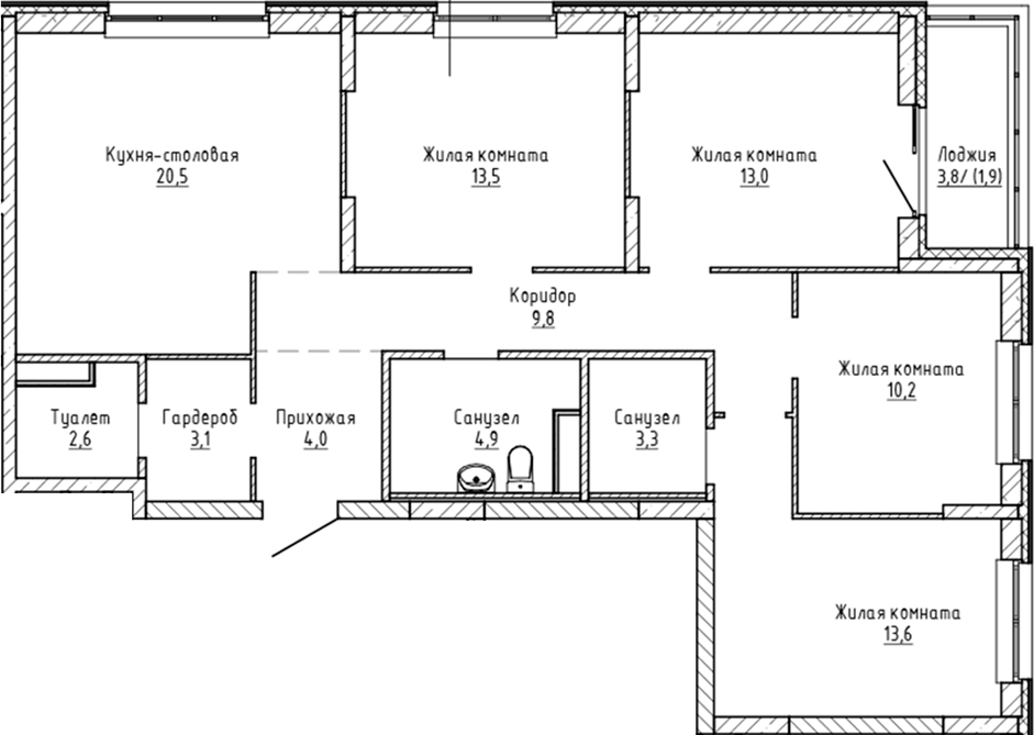 Планировка — Да на Амундсена, 4-комн., 99 м²