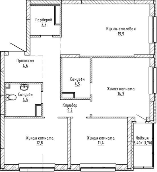 Планировка — Да на Амундсена, 3-комн., 85 м²