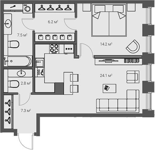 Планировка — Институтский, 16, 2-комн., 62 м²