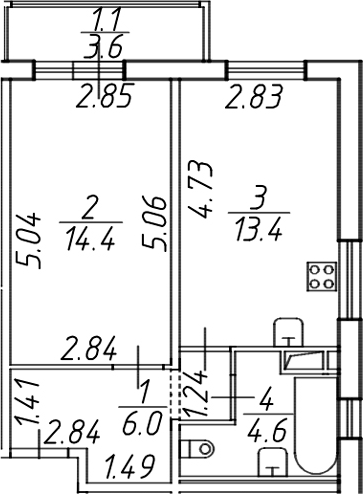 Планировка — Лампо, 1-комн., 38 м²